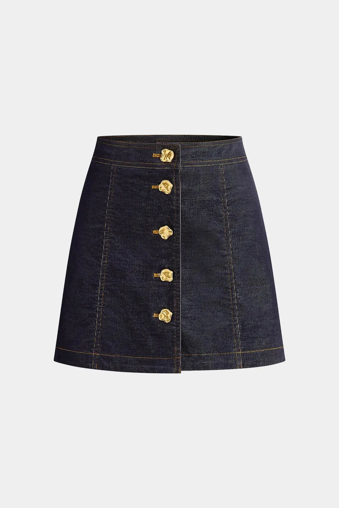 Denim Metallic Button Mini Skirt sold by Micas