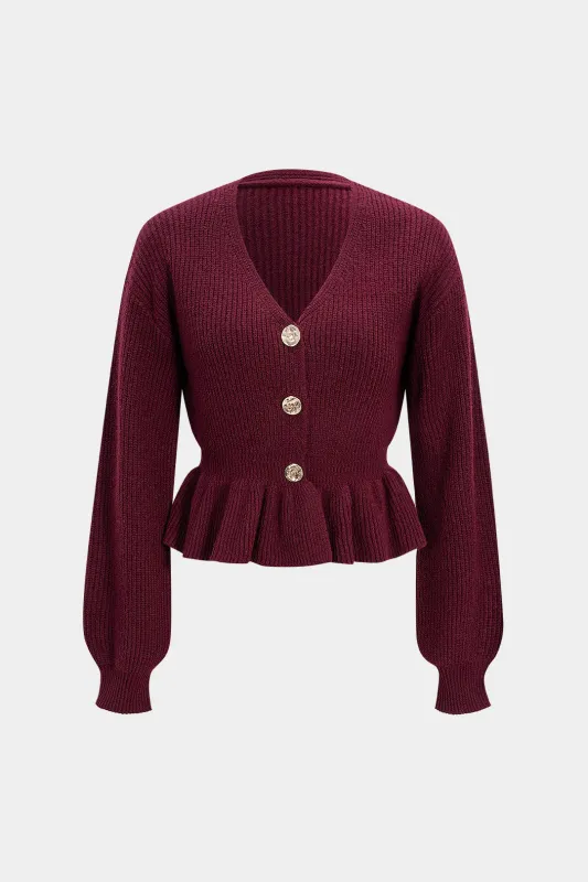 Knit Ruffle Hem Metallic Button Cardigan made by Micas