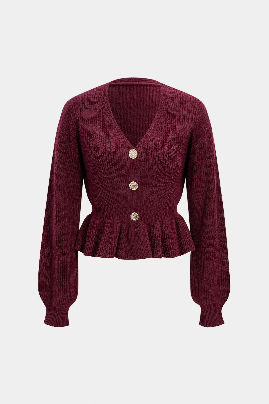 Knit Ruffle Hem Metallic Button Cardigan sold by Micas