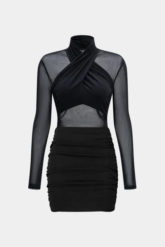 Mesh Patchwork Mock Neck Crossed Ruched Sleeveless Mini Dress sold by Micas