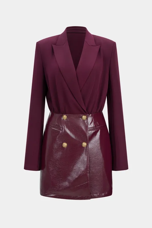 Faux Leather Patchwork Notched Lapel Ruched Long-Sleeve Mini Dress sold by Micas