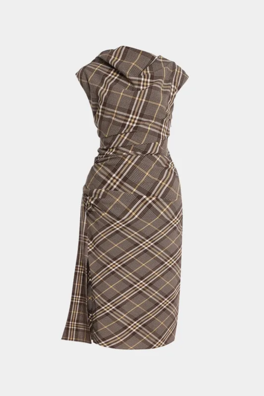 Plaid Print Asymmetrical Ruched Flutter Sleeve Midi Dress sold by Micas