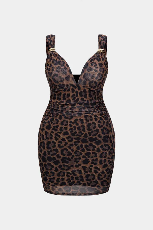 Plus Size Leopard Print Mesh V-Neck Metallic Decor Sleeveless Mini Dress sold by Micas
