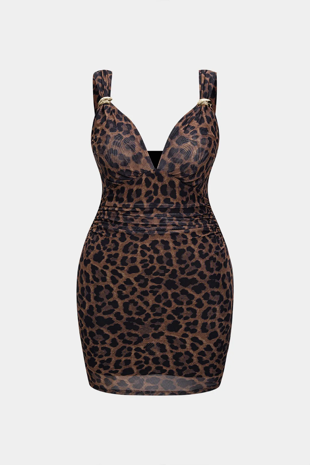 Plus Size Leopard Print Mesh V-Neck Metallic Decor Sleeveless Mini Dress sold by Micas