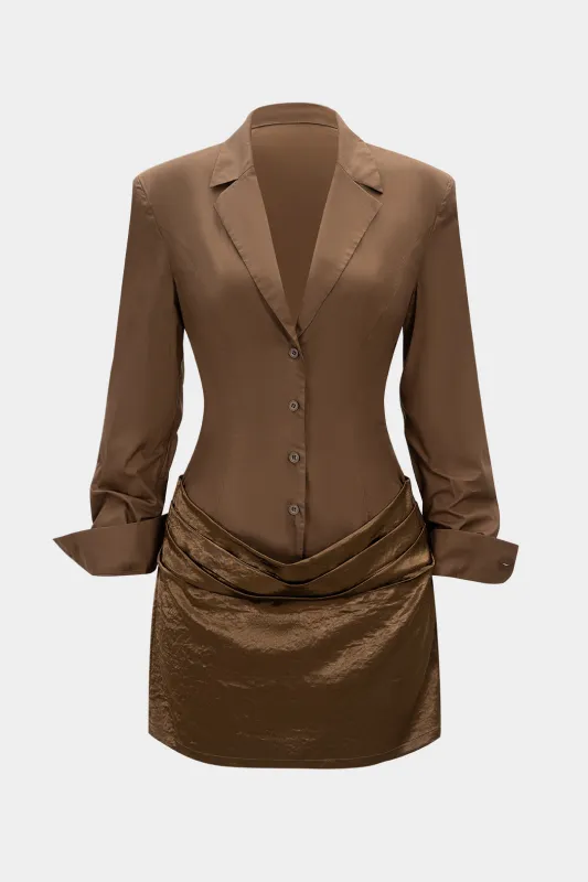 Satin Patchwork Notched Lapel Pleated Long Sleeve Mini Dress sold by Micas