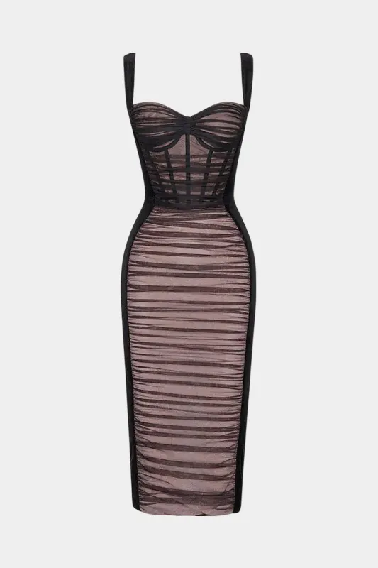 Sheer Mesh Ruched Bustier Slip Sleeveless Midi Dress sold by Micas