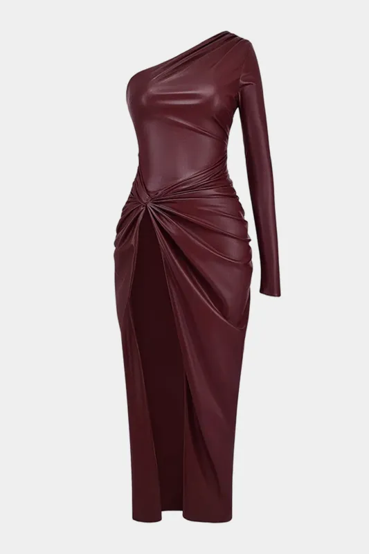 Faux Leather One Shoulder Twist Knot High Slit Long Sleeve Midi Dress sold by Micas