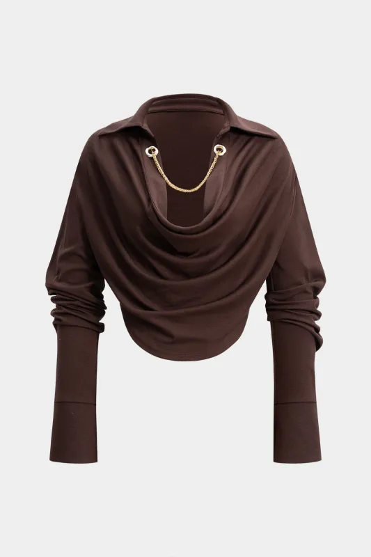 Metallic Chain Draped Cowl Neck Long-Sleeve Top sold by Micas