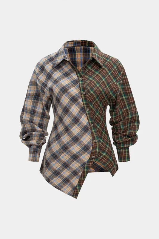 Plaid Print Asymmetrical Button Long-Sleeve Shirt sold by Micas