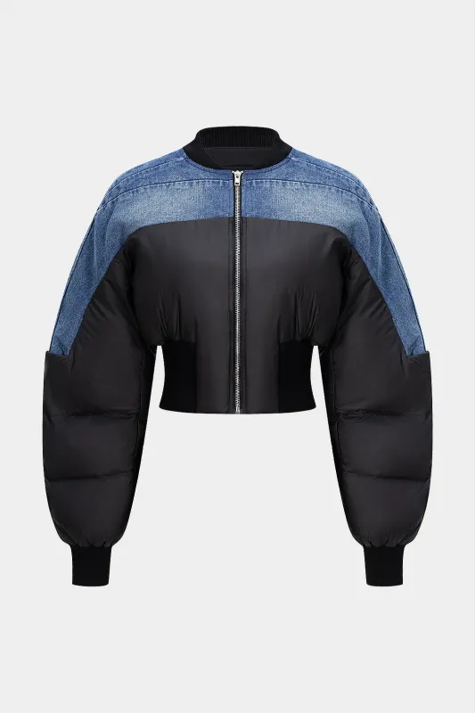 Demin Patchwork Zipper Puffer sold by Micas
