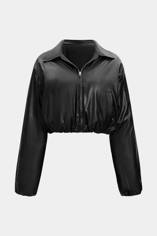 Faux Leather Ruched Zipper Pocket Cropped Puffer sold by Micas