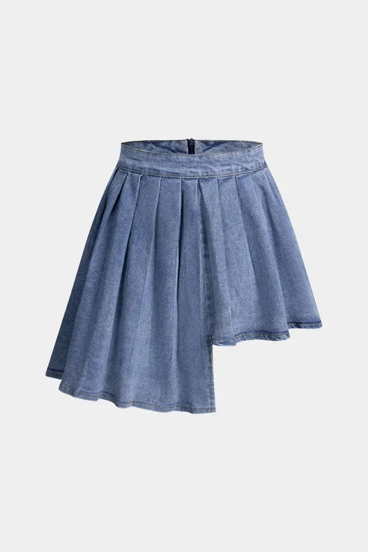 Denim Pleated Asymmetrical Skirt sold by Micas