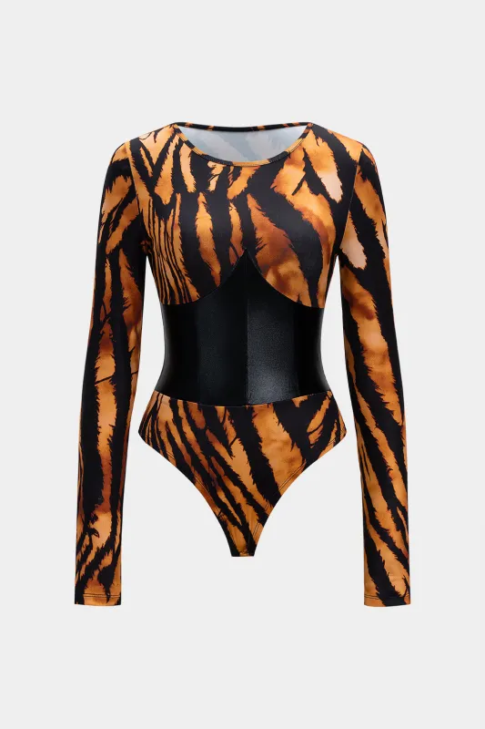 Tiger Print Waist-Cinching Long Sleeve Bodysuit sold by Micas