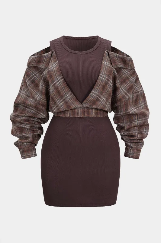 Plus Size Plaid Print Patchwork Round Neck Long Sleeve Mini Dress sold by Micas