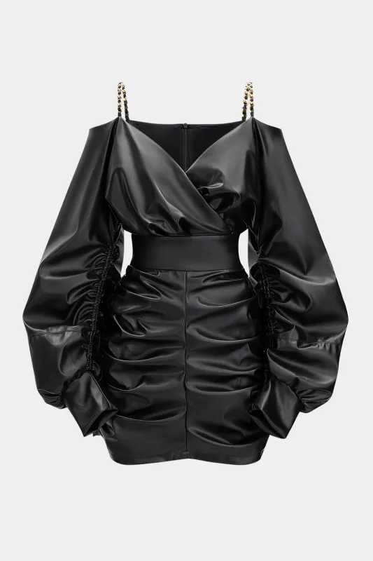Faux Leather Metallic Chain Crossed Ruched Long Sleeve Mini Dress sold by Micas