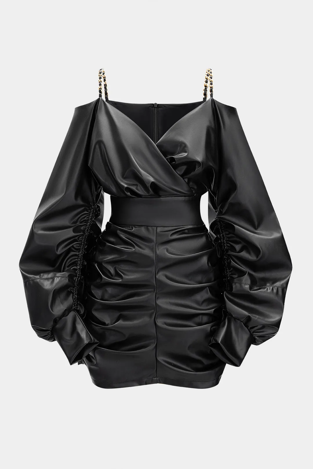 Faux Leather Metallic Chain Crossed Ruched Long Sleeve Mini Dress sold by Micas