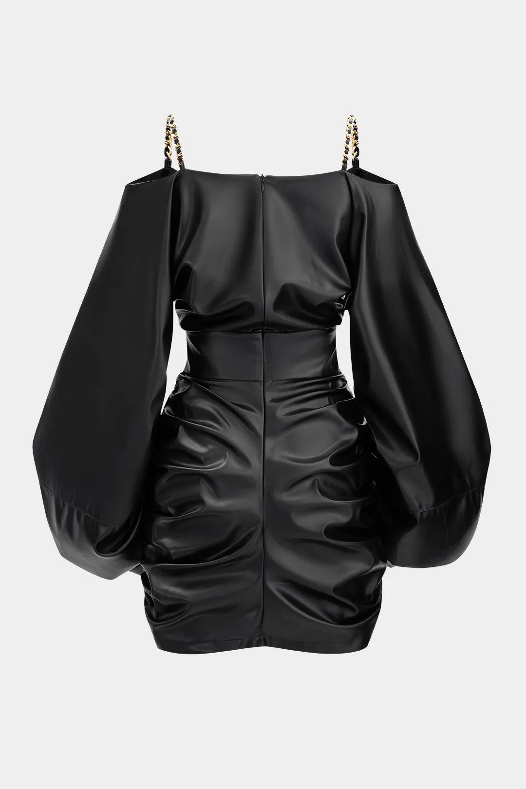 Faux Leather Metallic Chain Crossed Ruched Long Sleeve Mini Dress sold by Micas product image thumbnail 2