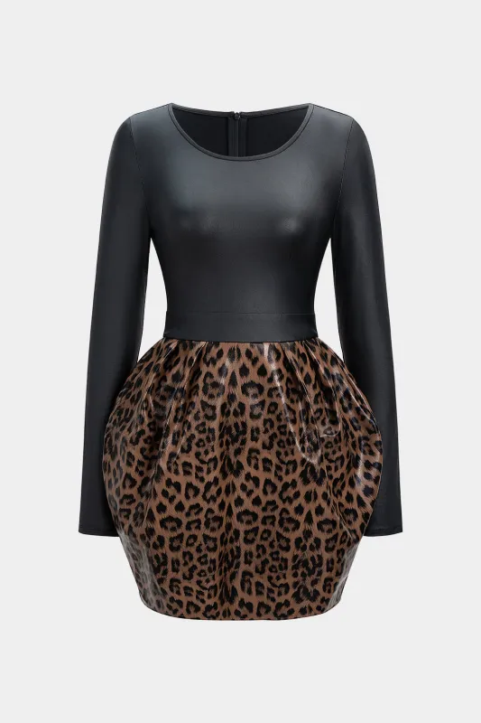 Leopard Print Faux Leather Patchwork Ruched Long Sleeve Mini Dress sold by Micas