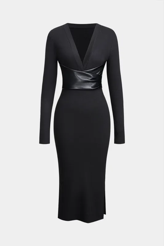 Faux Leather Patchwork V-Neck Long Sleeve Maxi Dress sold by Micas
