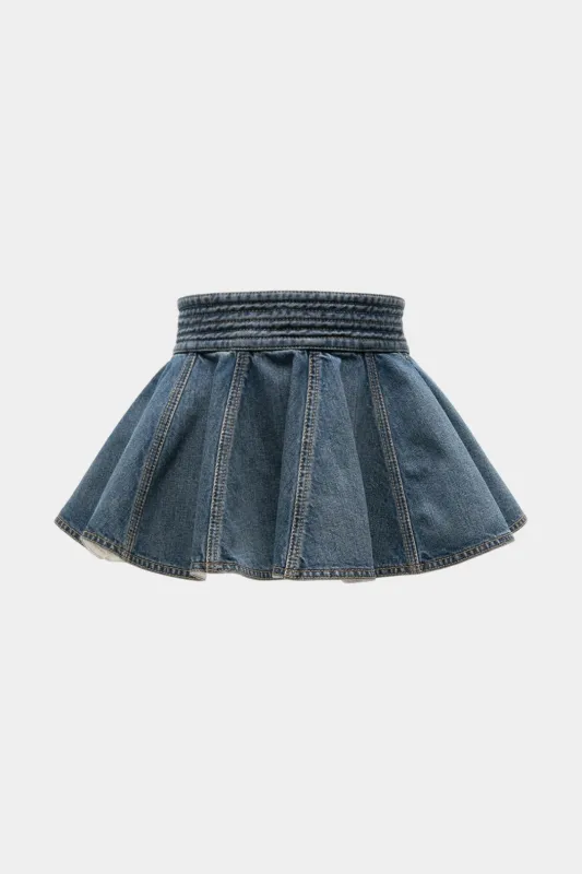 Denim Ruched High Waist A-Line Mini Skirt sold by Micas