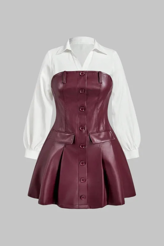 Plus Size Faux Leather Patchwork V-Neck Long Sleeve Mini Dress sold by Micas