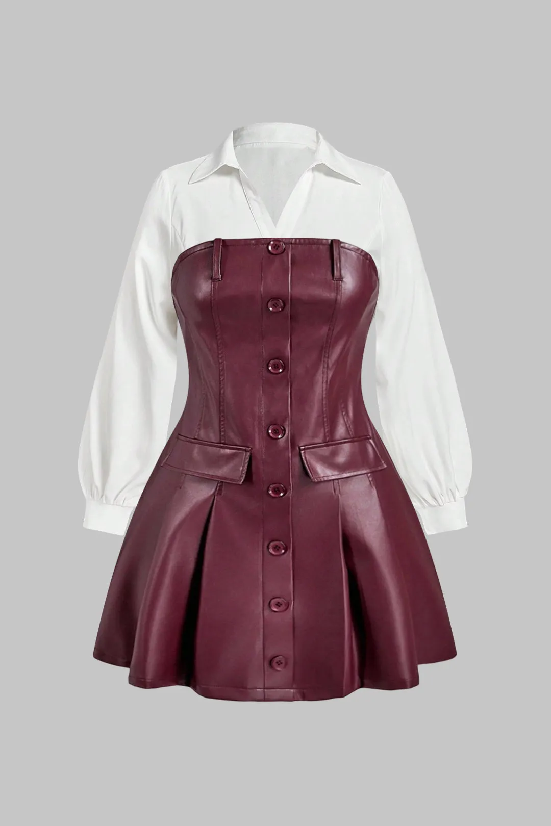 Plus Size Faux Leather Patchwork V-Neck Long Sleeve Mini Dress sold by Micas