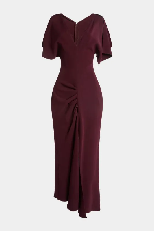 V-Neck Asymmetrical Ruched Zipper Short Sleeve Midi Dress sold by Micas