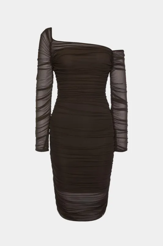 Plus Size Mesh One Shoulder Ruched Long Sleeve Midi Dress sold by Micas