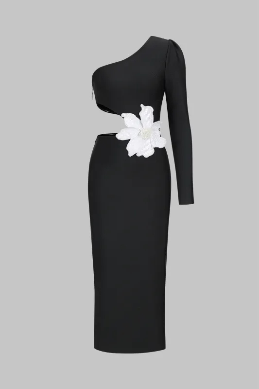 3D Flower One Shoulder Cut Out Asymmetrical Long Sleeve Maxi Dress sold by Micas