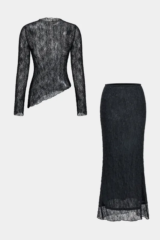 Lace Sheer Asymmetrical Long Sleeve Top And Skirt Set sold by Micas