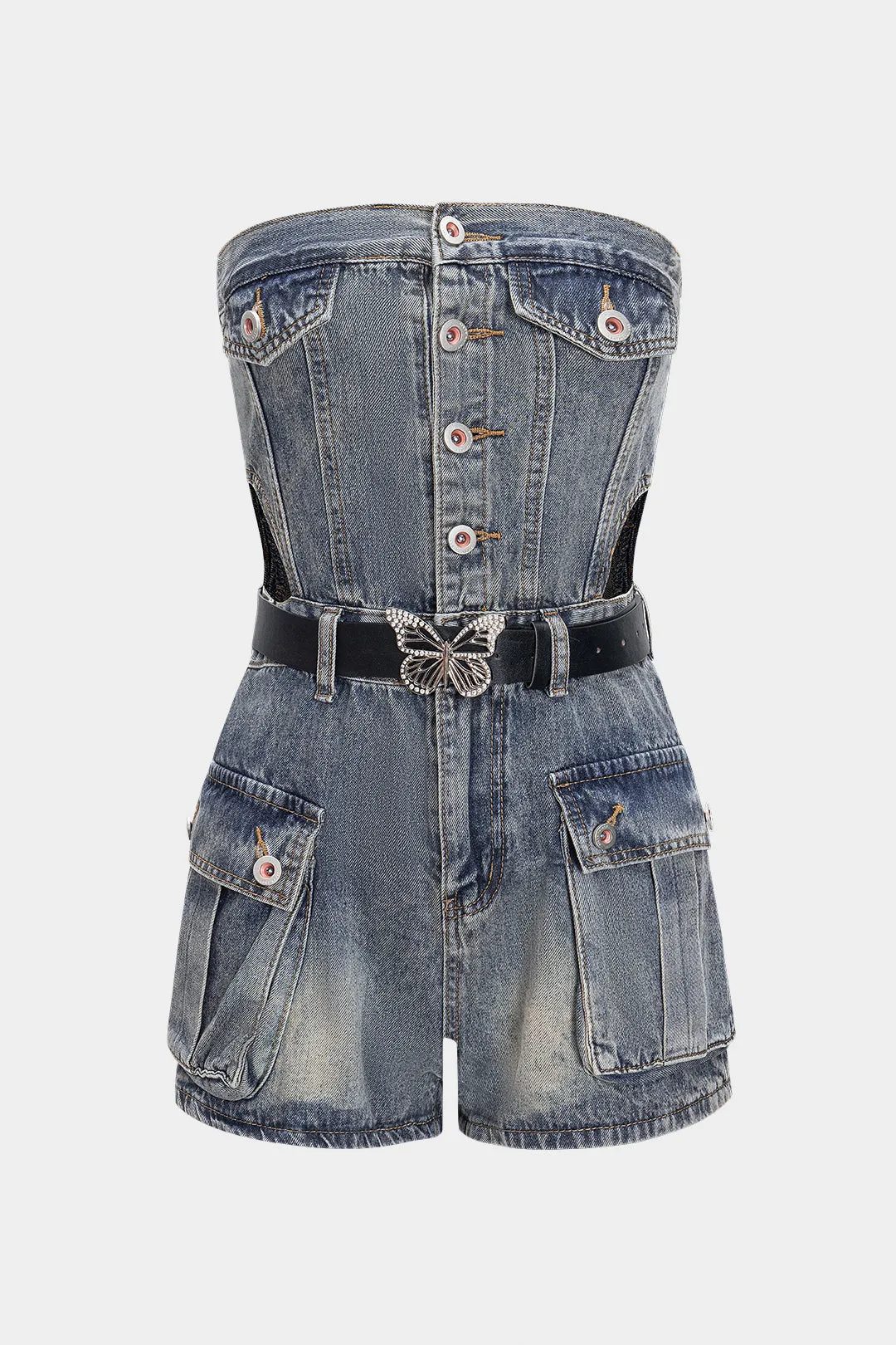 Denim Cut Out Belted Strapless Sleeveless Jumpsuit sold by Micas