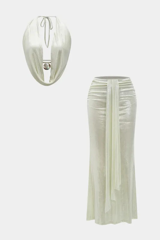 Halter Deep V-Neck Backless Top And Ruched Skirt Set sold by Micas