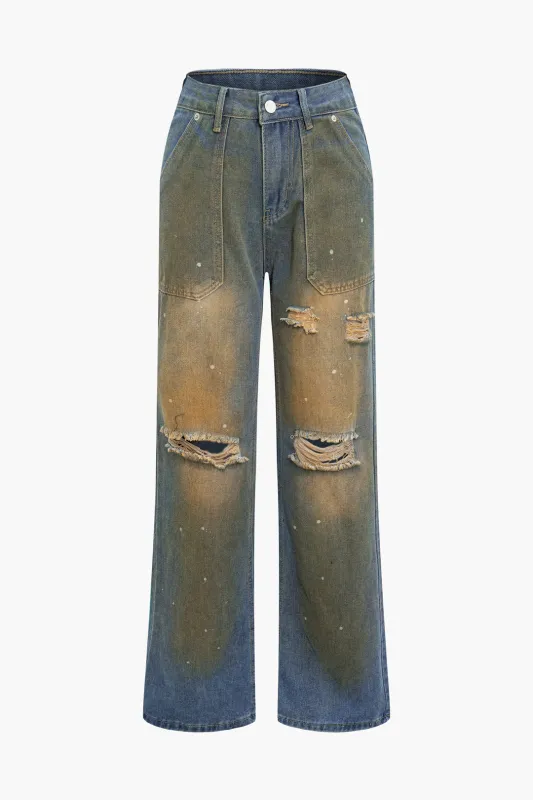 Denim Washed Zipper High Waist Straight Leg Jeans sold by Micas