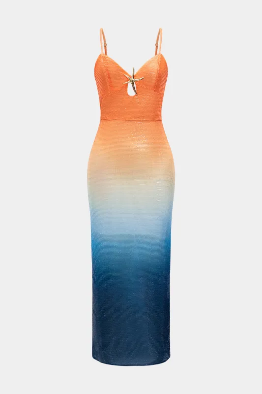 Ombre Print Sequin Metallic Decor Slit Slip Sleeveless Midi Dress sold by Micas