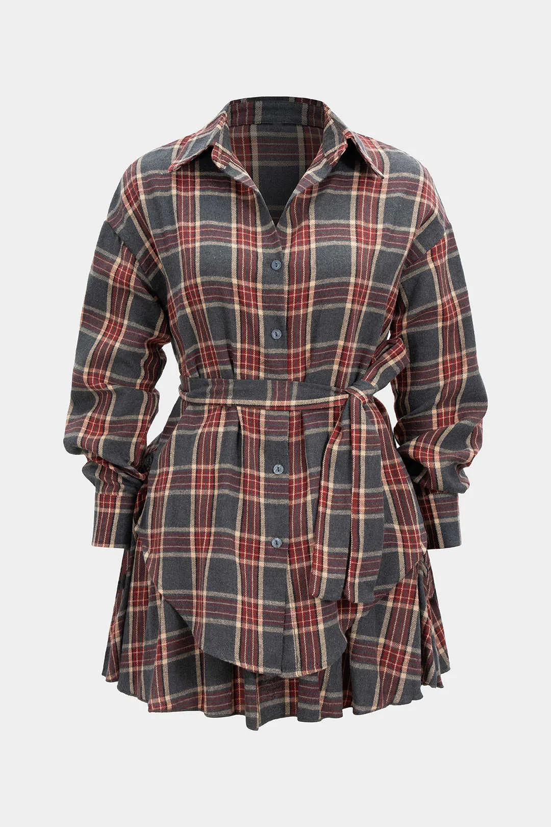 Plaid Print Tie Front Shirt And Pleated Skirt Set sold by Micas