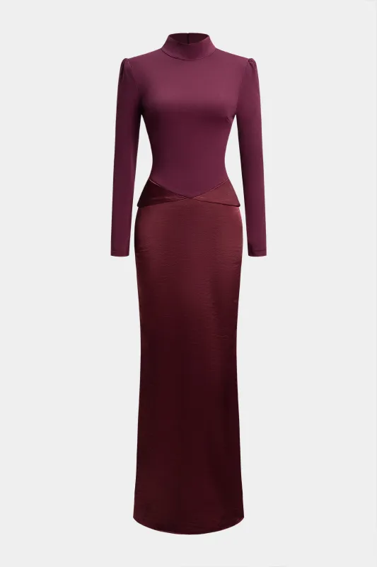 Satin Patchwork Mock Neck Backless Long-Sleeve Maxi Dress sold by Micas
