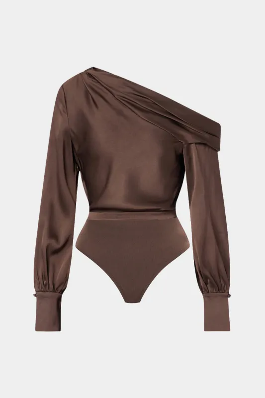 Satin Patchwork One Shoulder Long Sleeve Bodysuit sold by Micas