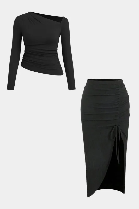 Plus Size One Shoulder Long Sleeve Top And Ruched Drawstring Split Skirt Set sold by Micas