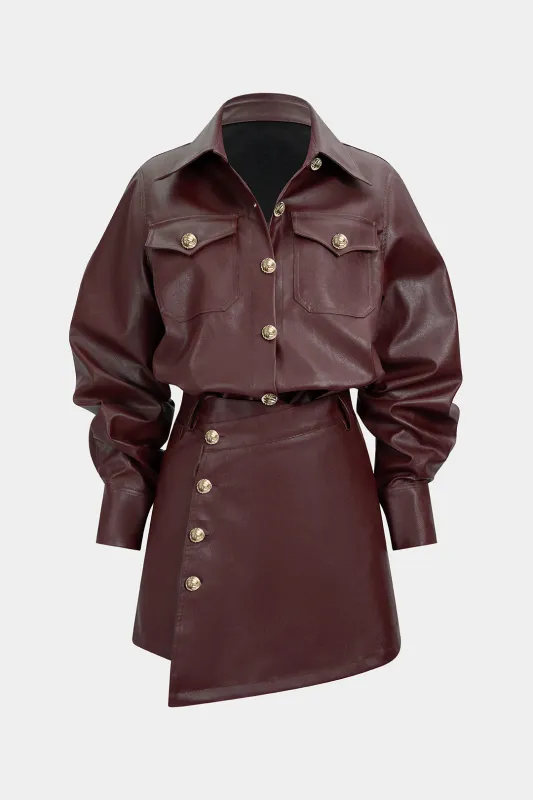 Faux Leather Button Pocket Jacket And Asymmetrical Skirt Set sold by Micas