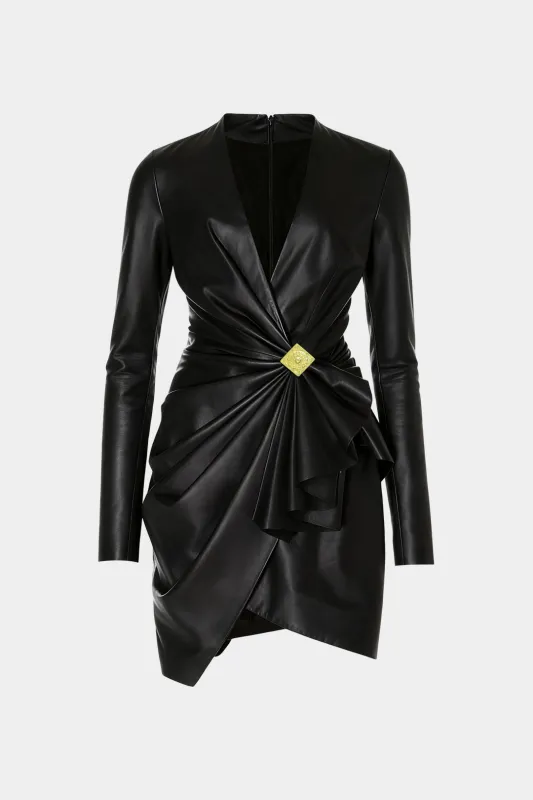 Faux Leather V-Neck Asymmetrical Ruched Long Sleeve Mini Dress sold by Micas