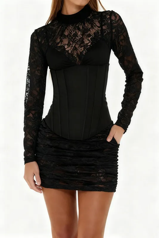 Mesh Ruched Corset Long Sleeve Mini Dress sold by Micas