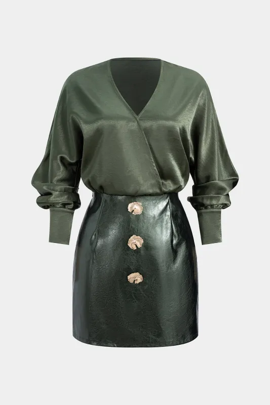 Faux Leather Satin Patchwork V-Neck Metallic Button Long Sleeve Mini Dress sold by Micas