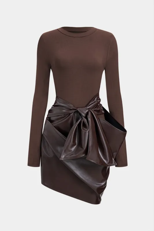 Faux Leather Patchwork Round Neck Tie Up Long Sleeve Midi Dress sold by Micas