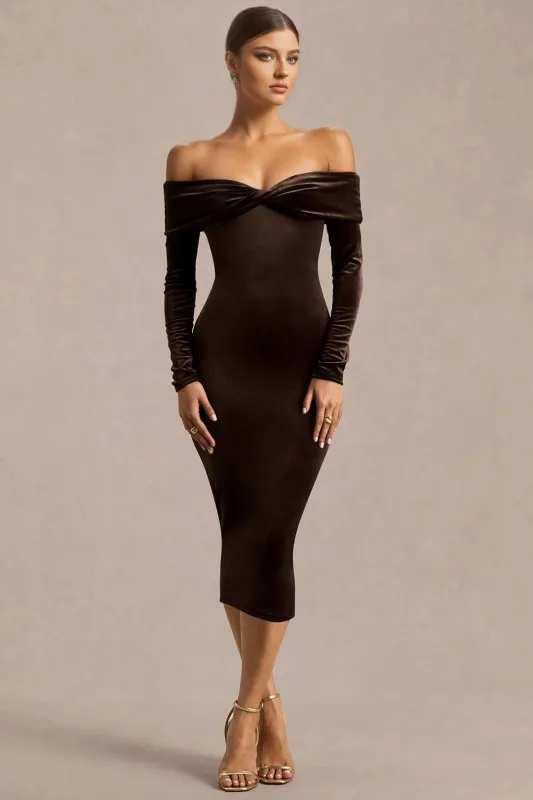 Velvet Patchwork Off Shoulder Long-Sleeve Midi Dress sold by Micas