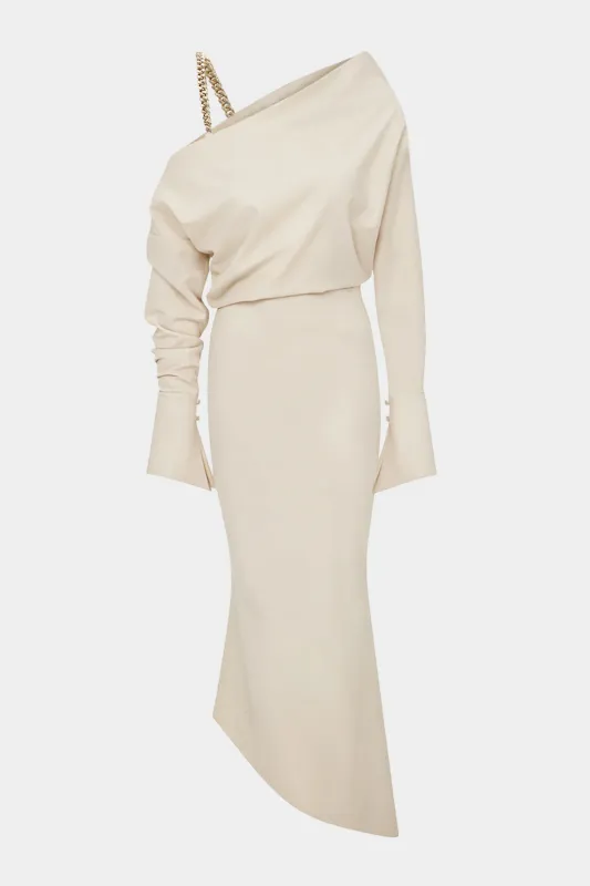 One Shoulder Metallic Chain Asymmetrical Hem Long-Sleeve Midi Dress sold by Micas