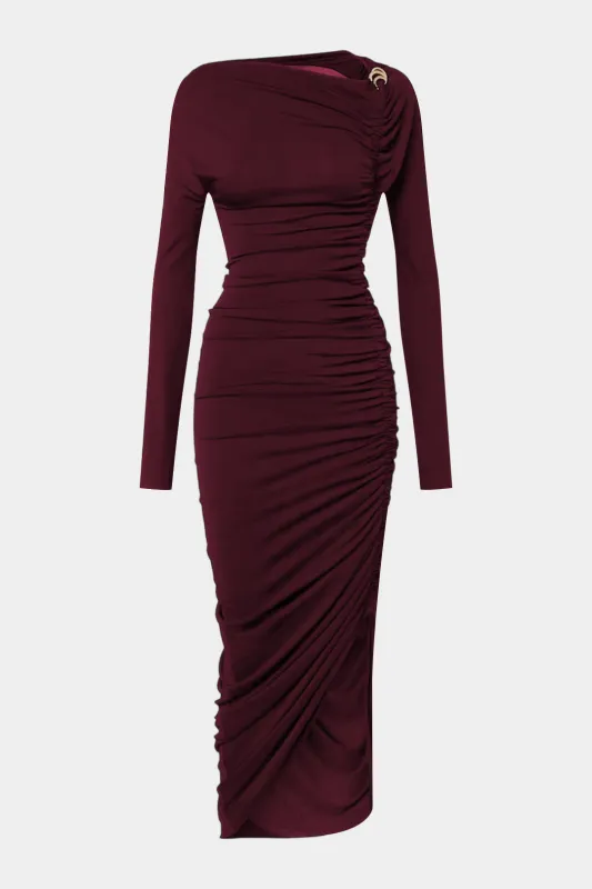 Metallic Decor Asymmetrical Ruched Long-Sleeve Maxi Dress sold by Micas