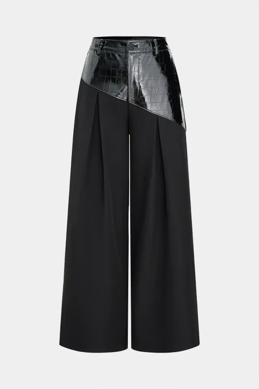 Faux Leather Patchwork Asymmetrical Straight Leg Pants sold by Micas