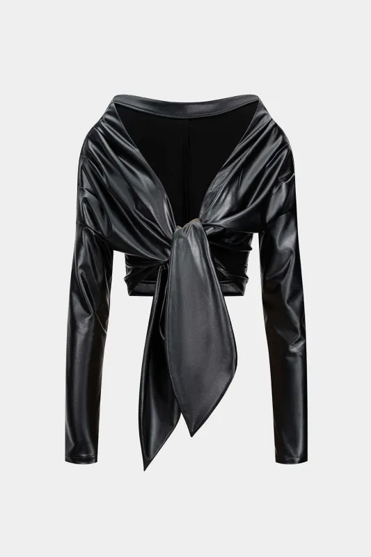 Faux Leather Tie Front Ruched Long-Sleeve Shirt sold by Micas