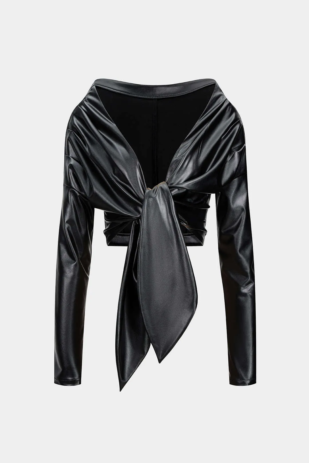 Faux Leather Tie Front Ruched Long-Sleeve Shirt sold by Micas