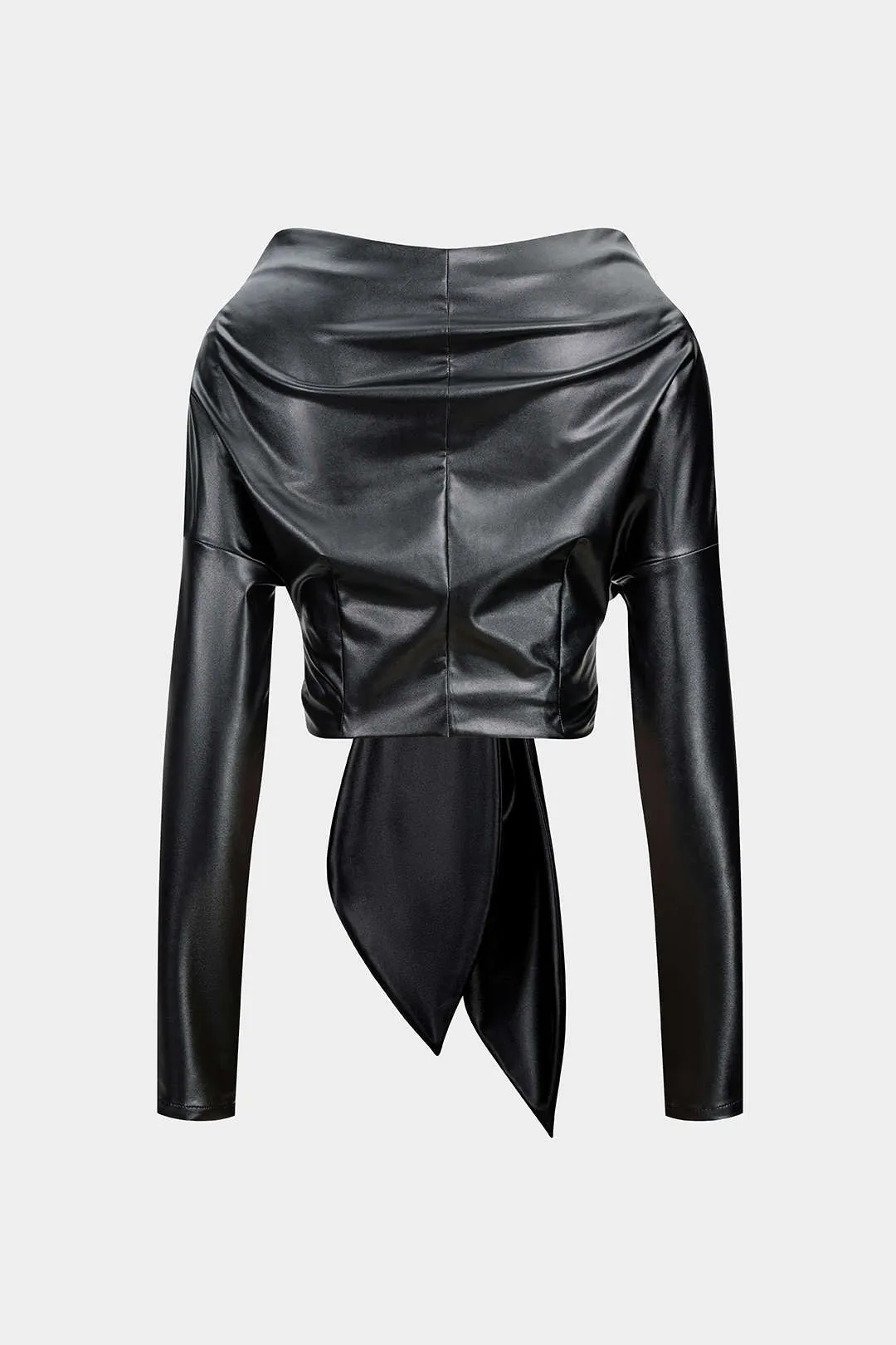 Faux Leather Tie Front Ruched Long-Sleeve Shirt sold by Micas product image thumbnail 2